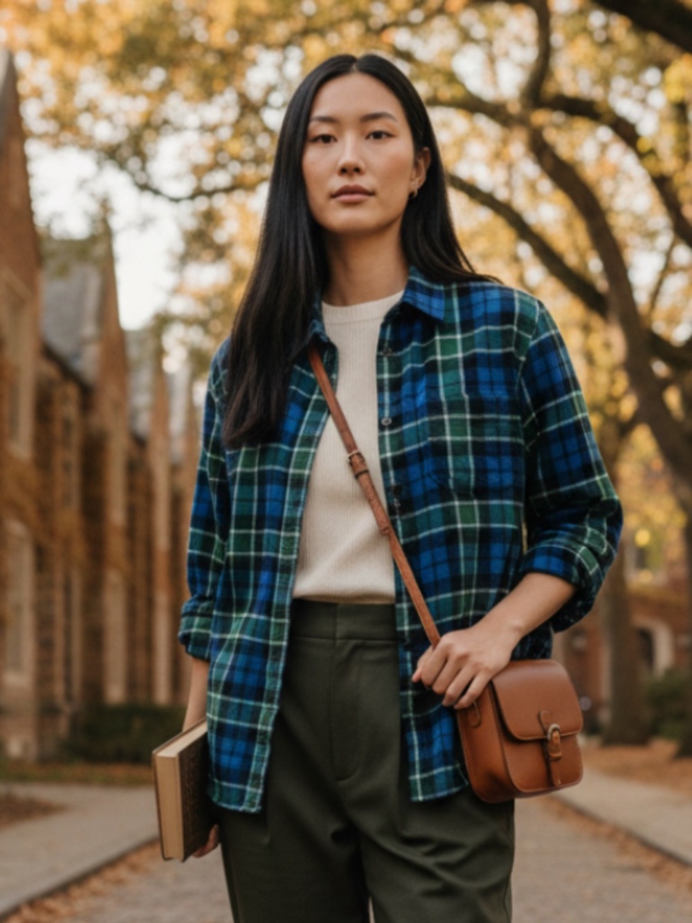 LL Bean Large Shirt Top Button Down Tartan Scotch Plaid Flannel Green Blue